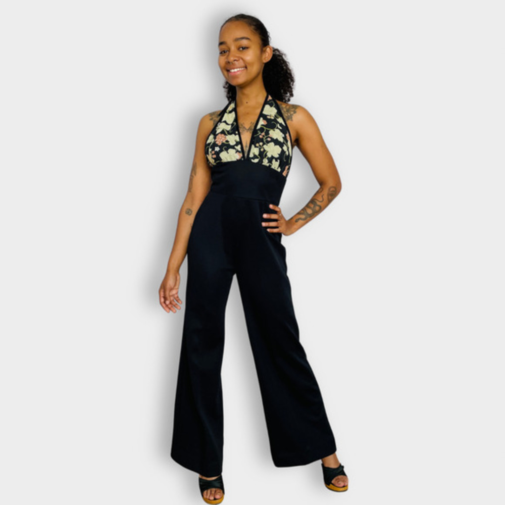 70s Jerell of Texas‎ Black with Floral Halter Top Jumpsuit Set